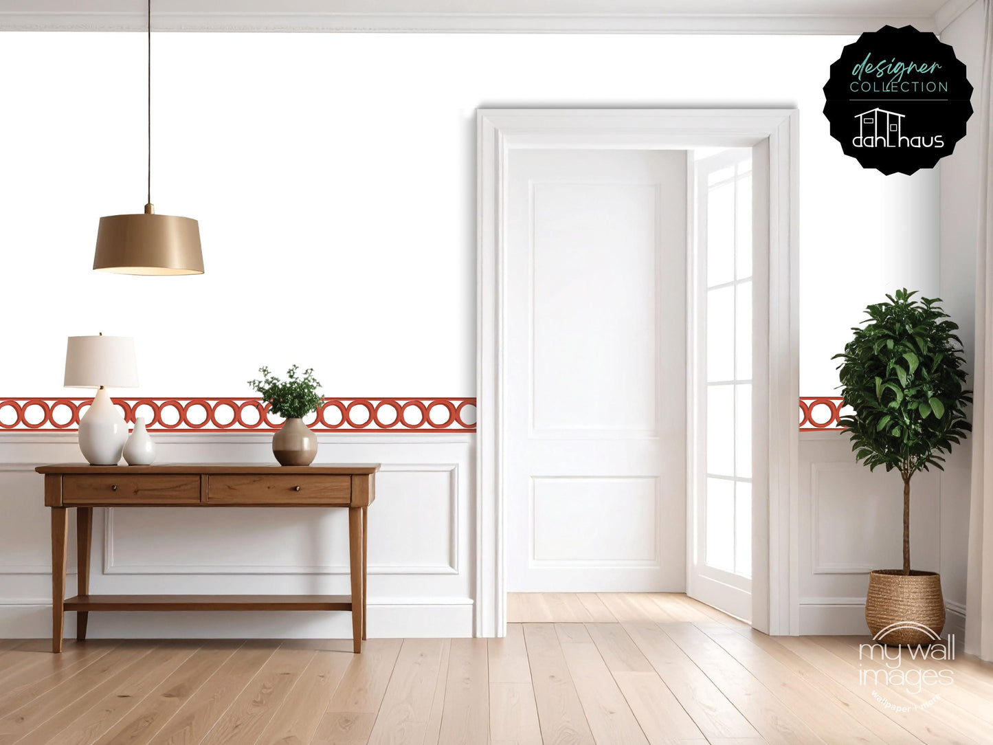 a modern and minimalist living room with a wooden console table, a lamp, and a potted plant. The room has white walls and a wooden floor, creating a clean and bright atmosphere.