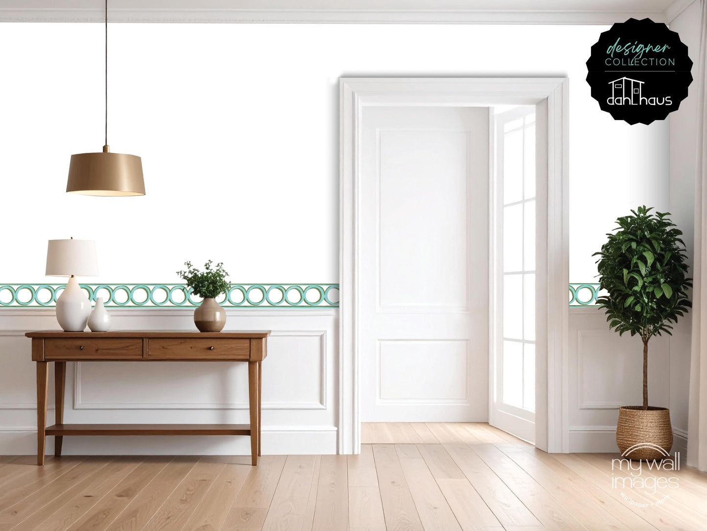 a modern and minimalist living room with a wooden console table, a lamp, and a potted plant. The room has white walls and a wooden floor, creating a clean and bright atmosphere.
