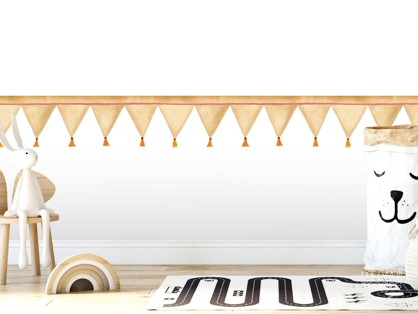 A white rabbit sits on a wooden chair in a room with a white wall, a rug, and a toy car.