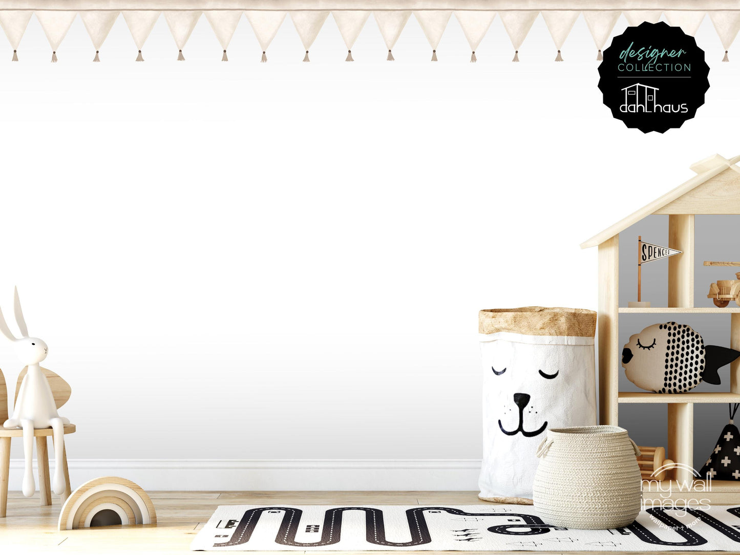 A minimalist and modern children's bedroom with a white color scheme, featuring a wooden shelf with toys, a stuffed animal, and a basket with a face design.