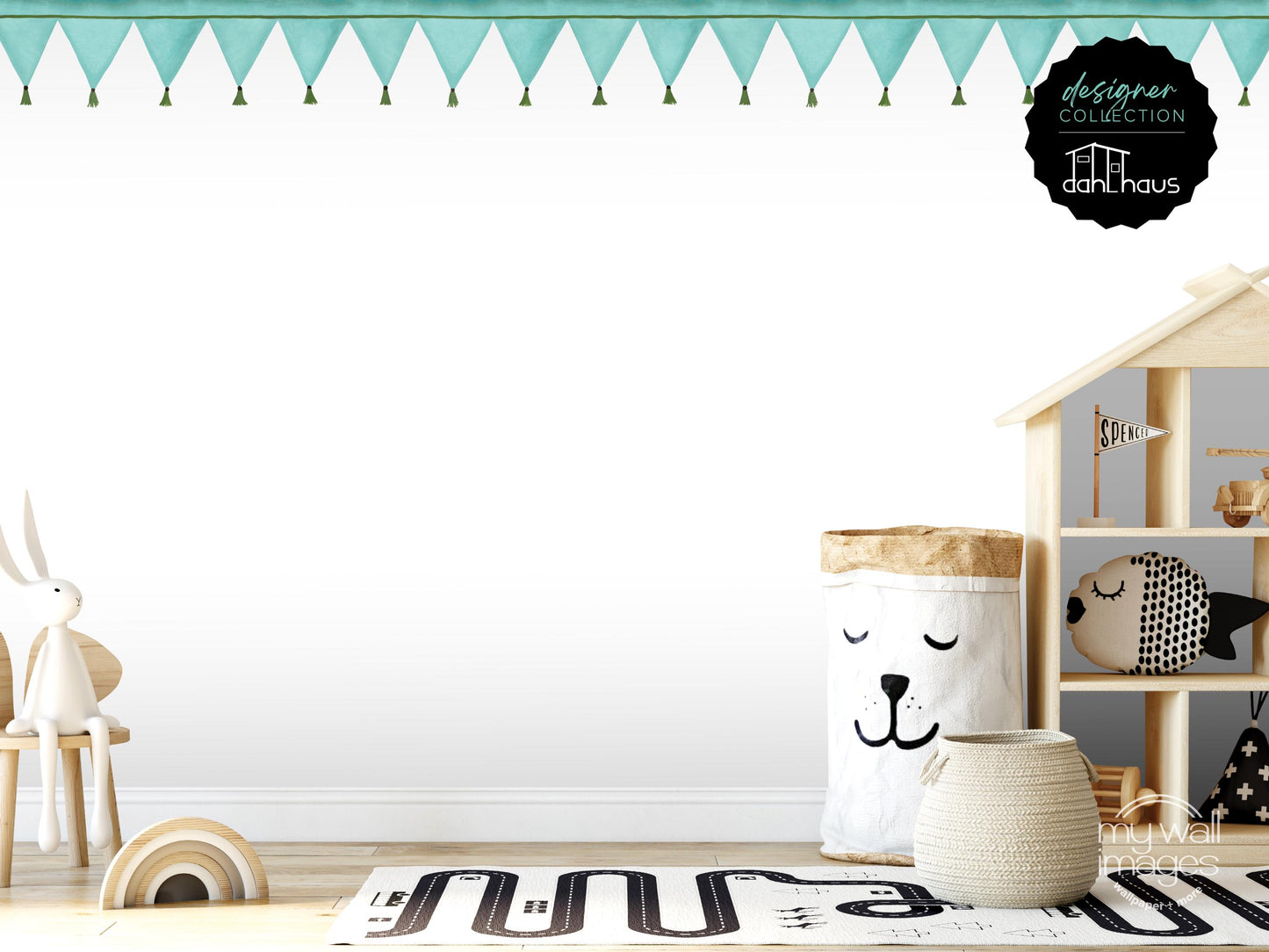 A child's bedroom with a wooden playhouse, a stuffed animal rabbit, and a basket with a face on it. The room has a white color scheme and features a green border with a pattern of triangles.