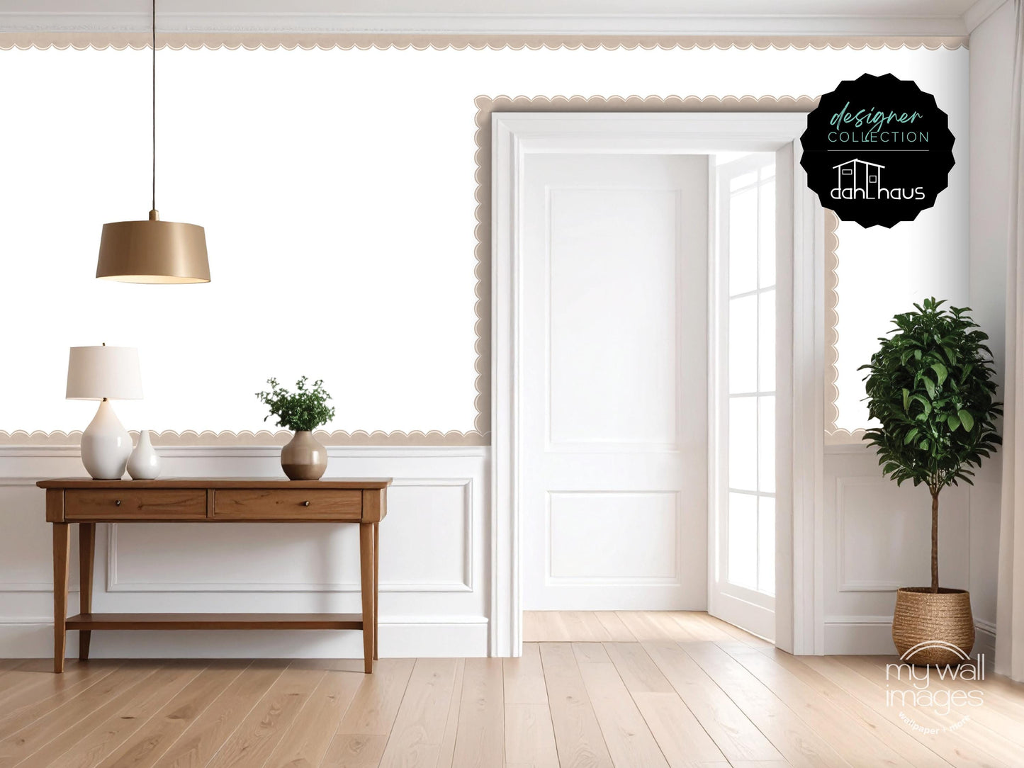 a clean, minimalist living room with a wooden console table, a lamp, and a potted plant. The room has white walls and a wooden floor, creating a bright and airy atmosphere.