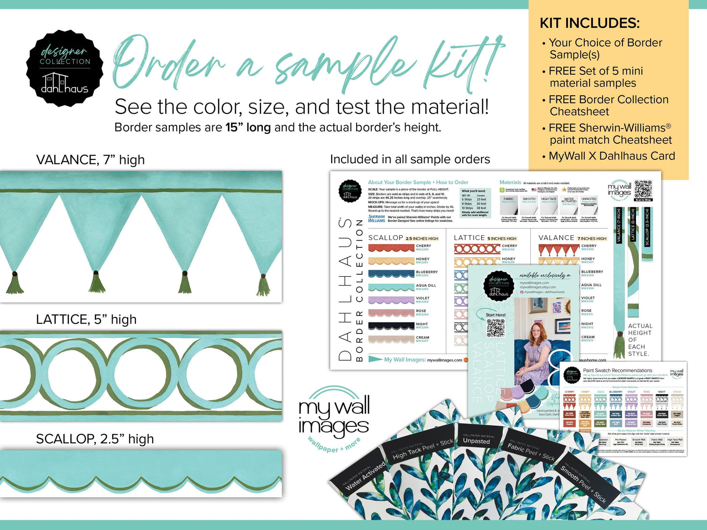 The image is a promotional advertisement for a border kit, featuring various border samples and a color chart. It includes a color chart, border samples, and a free border collection. The kit is designed to help customers choose the right border size and color for their projects.