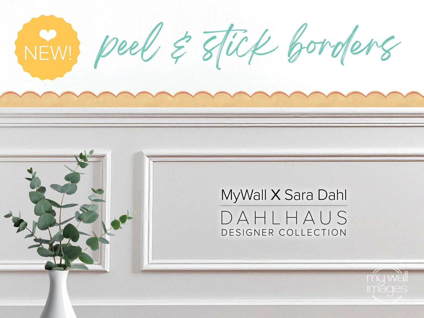 a white wall with a framed picture of a plant, and there is text that reads "MyWall x Sara Dahl Dahlhaus Designer Collection" and "NEW!" in the top left corner.