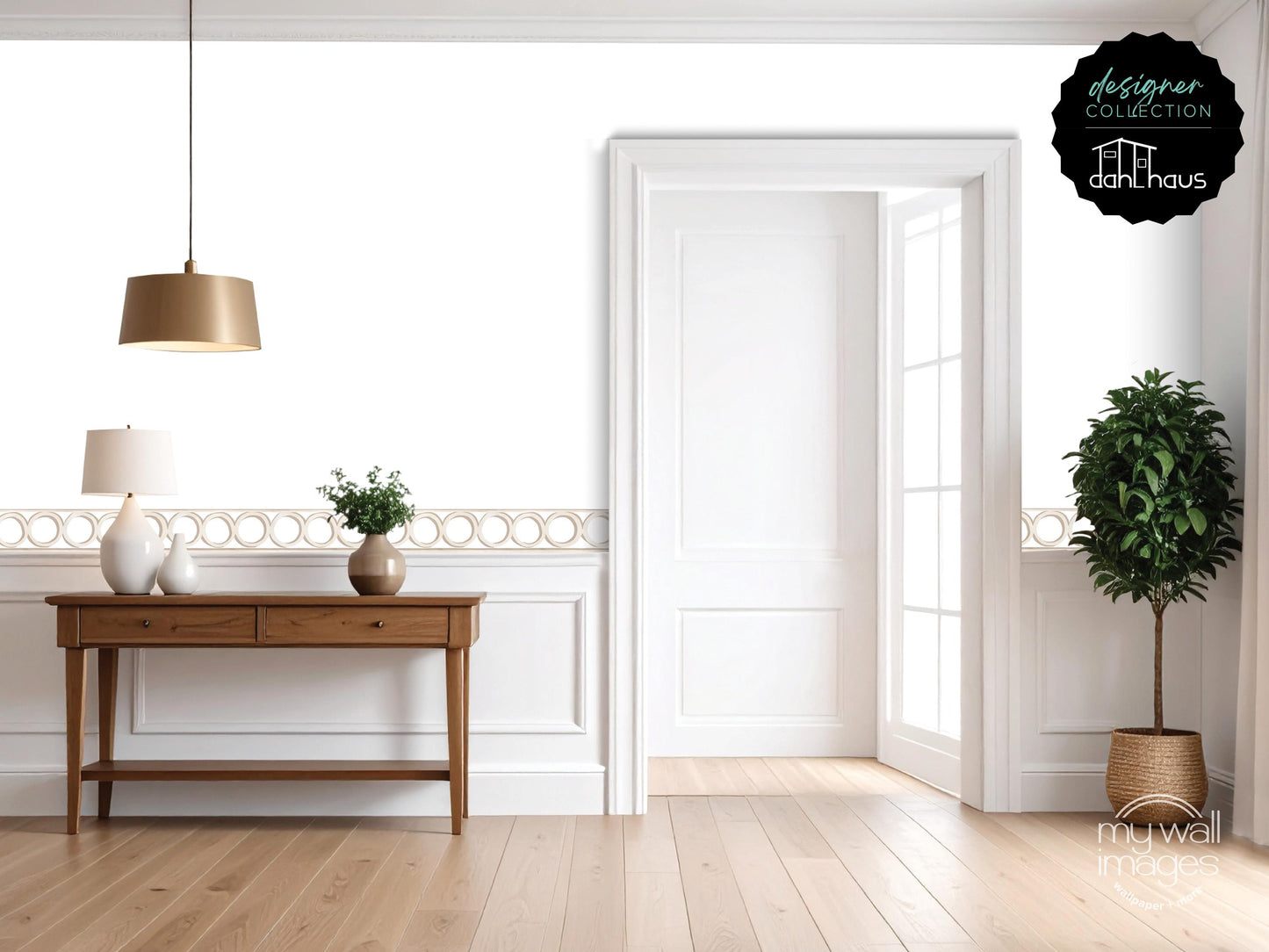 a modern and minimalist living room with a wooden console table, a lamp, and a potted plant. The room has a clean, white color scheme and features a large window that allows natural light to fill the space.