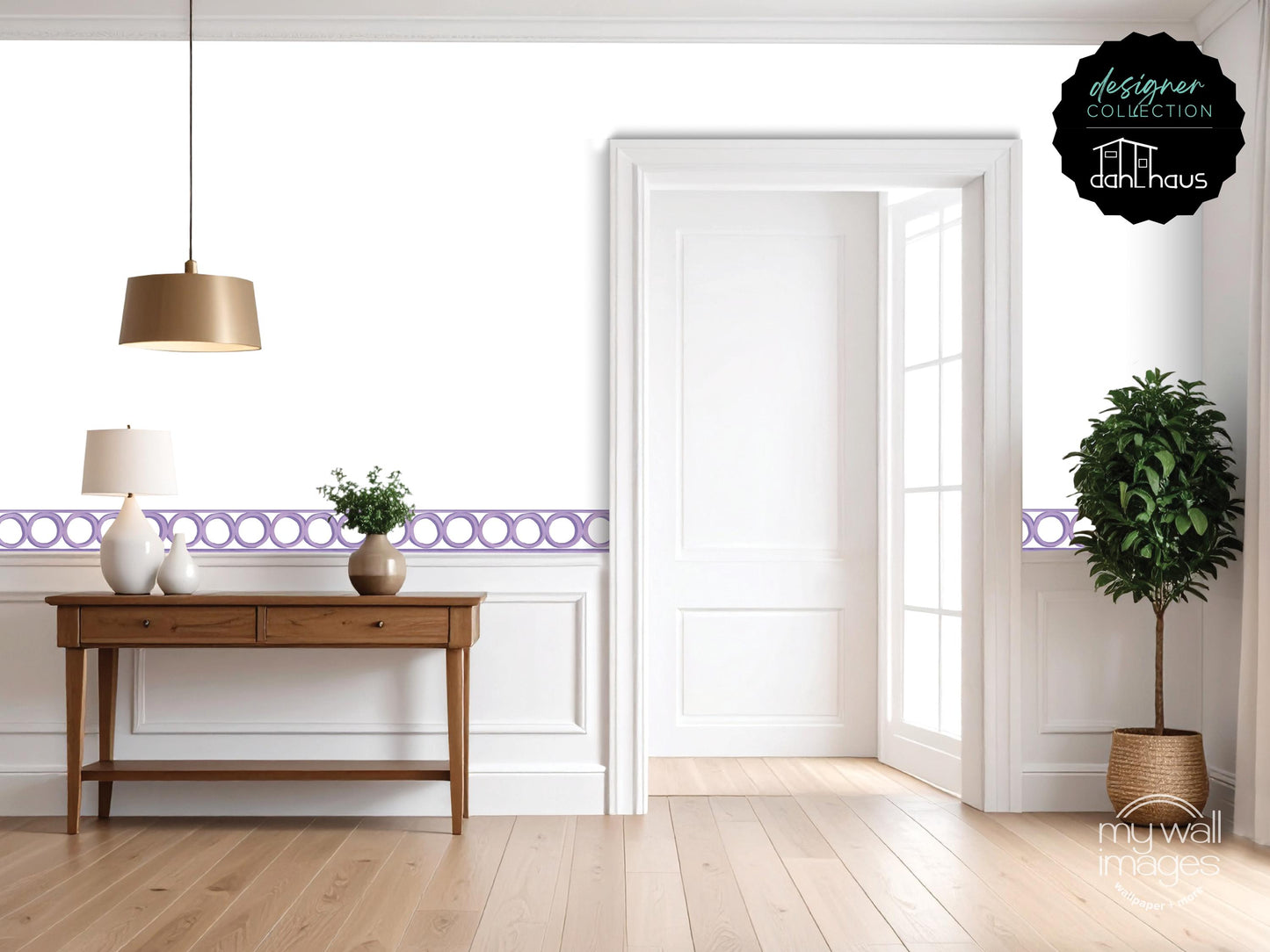 a modern and minimalist living room with a wooden console table, a lamp, and a potted plant. The room has white walls and a wooden floor, creating a clean and bright atmosphere.