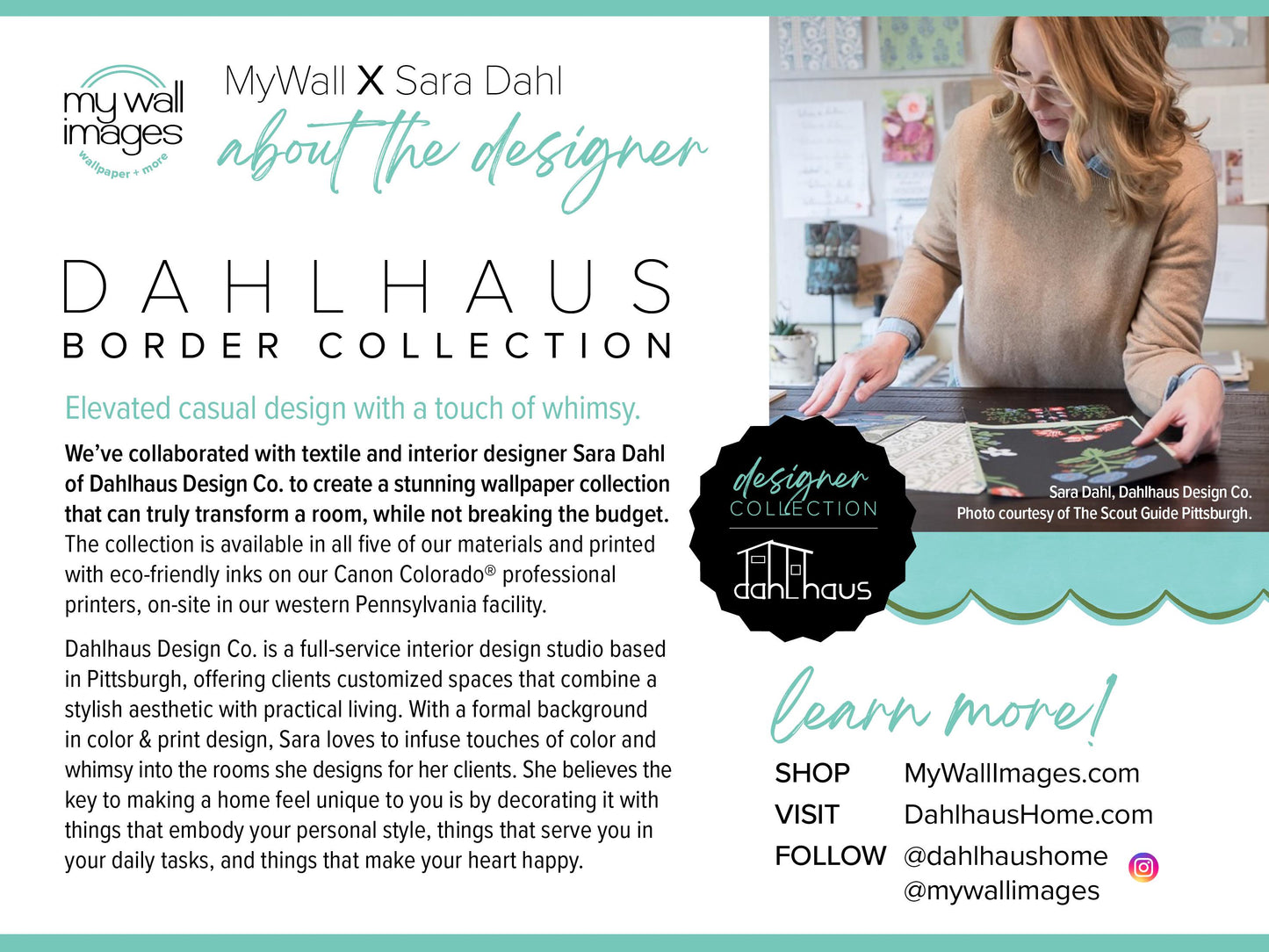The image is a collage featuring a woman working on a project, surrounded by various design-related elements such as text, logos, and a website address.