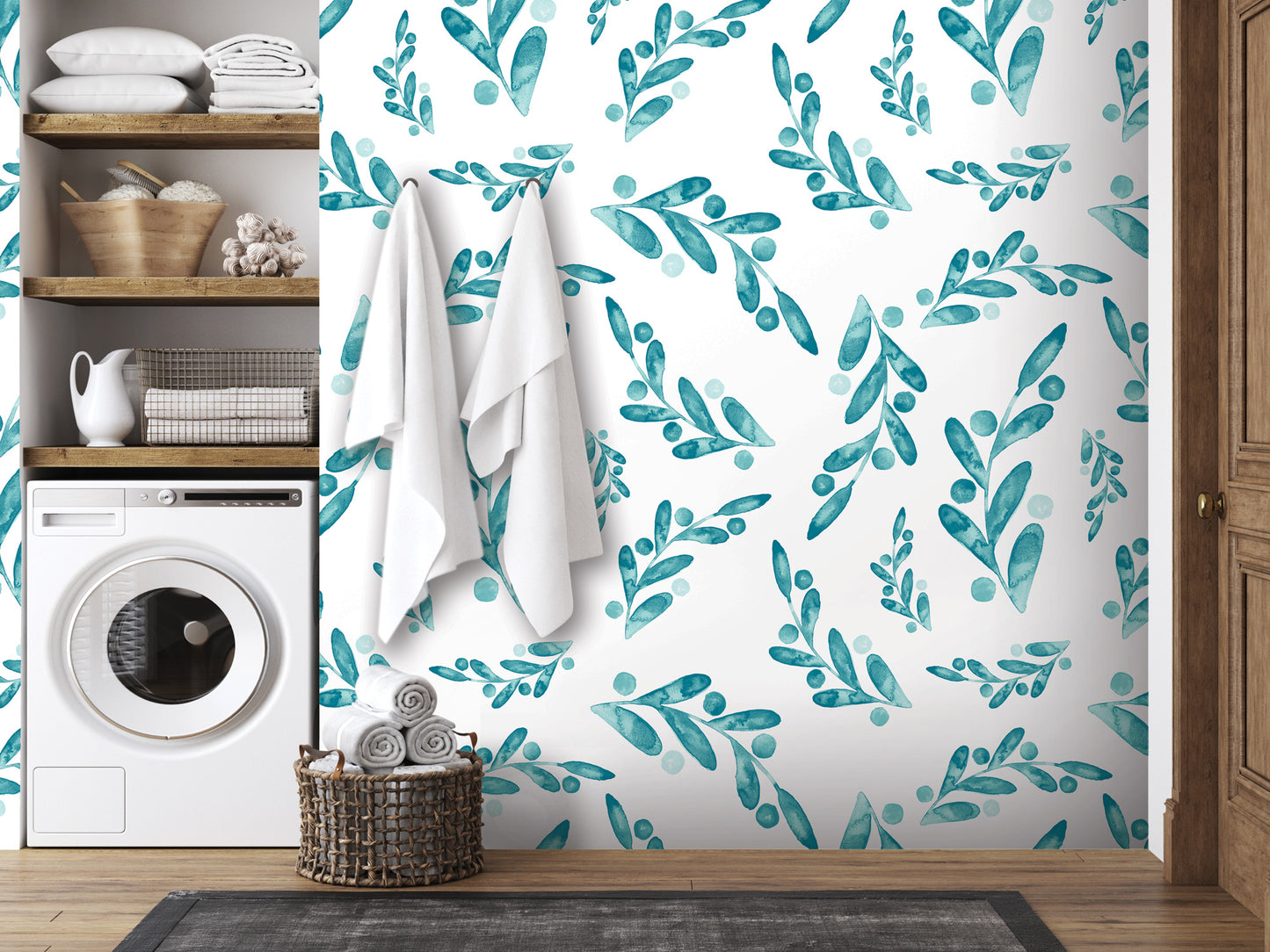 a bathroom with a white washing machine, a shelf with towels and baskets, and a wall with a patterned wallpaper.