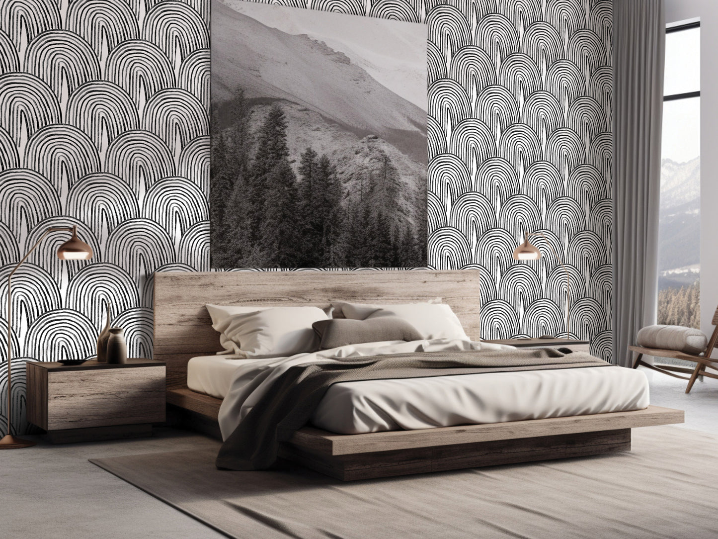 a modern bedroom with a large wooden bed, a wooden nightstand, and a large wall mural featuring a mountain landscape.