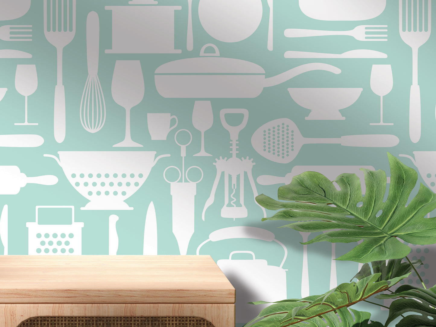 a kitchen wall with a plant in front of it