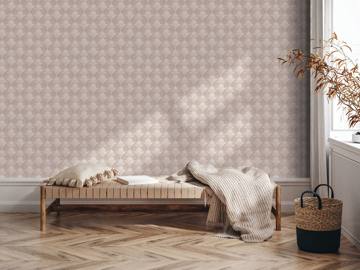 a cozy corner of a room with a wooden bench, a woven basket, and a plant. The bench has a pillow and a blanket on it, creating a comfortable seating area. The woven basket is placed next to the bench, and a plant is situated on the windowsill, adding a touch of greenery to the space. The walls of the room have a patterned wallpaper, and the floor is made of wood, creating a warm and inviting atmosphere.