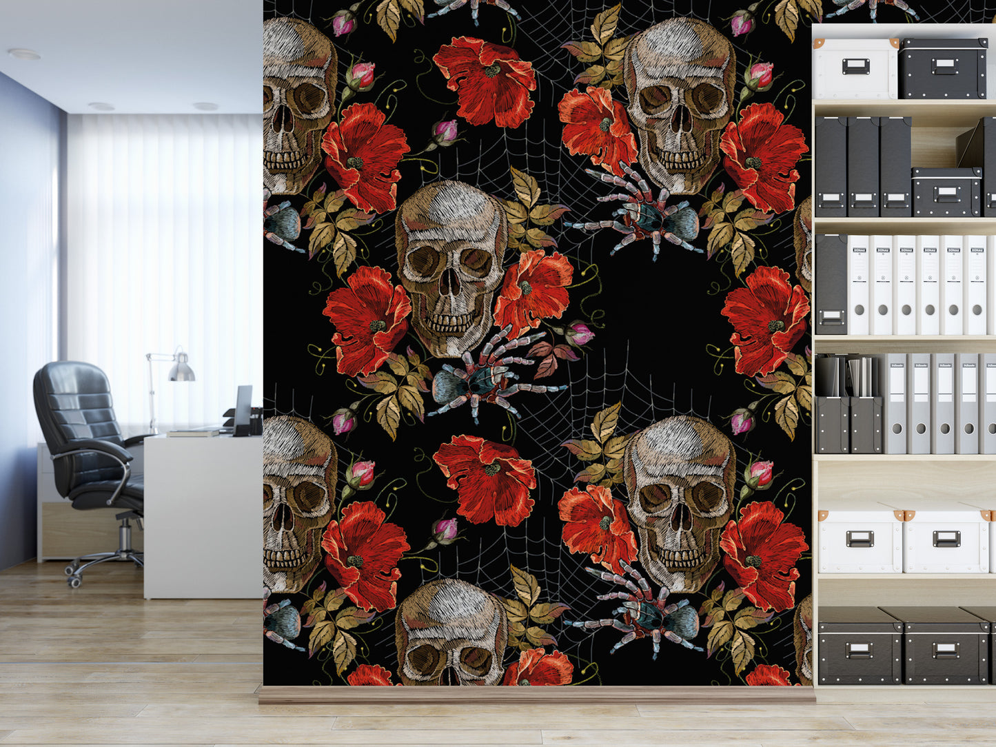 a wallpapered wall with a repeating pattern of skull faces surrounded by red flowers and leaves, creating a striking and visually captivating design.