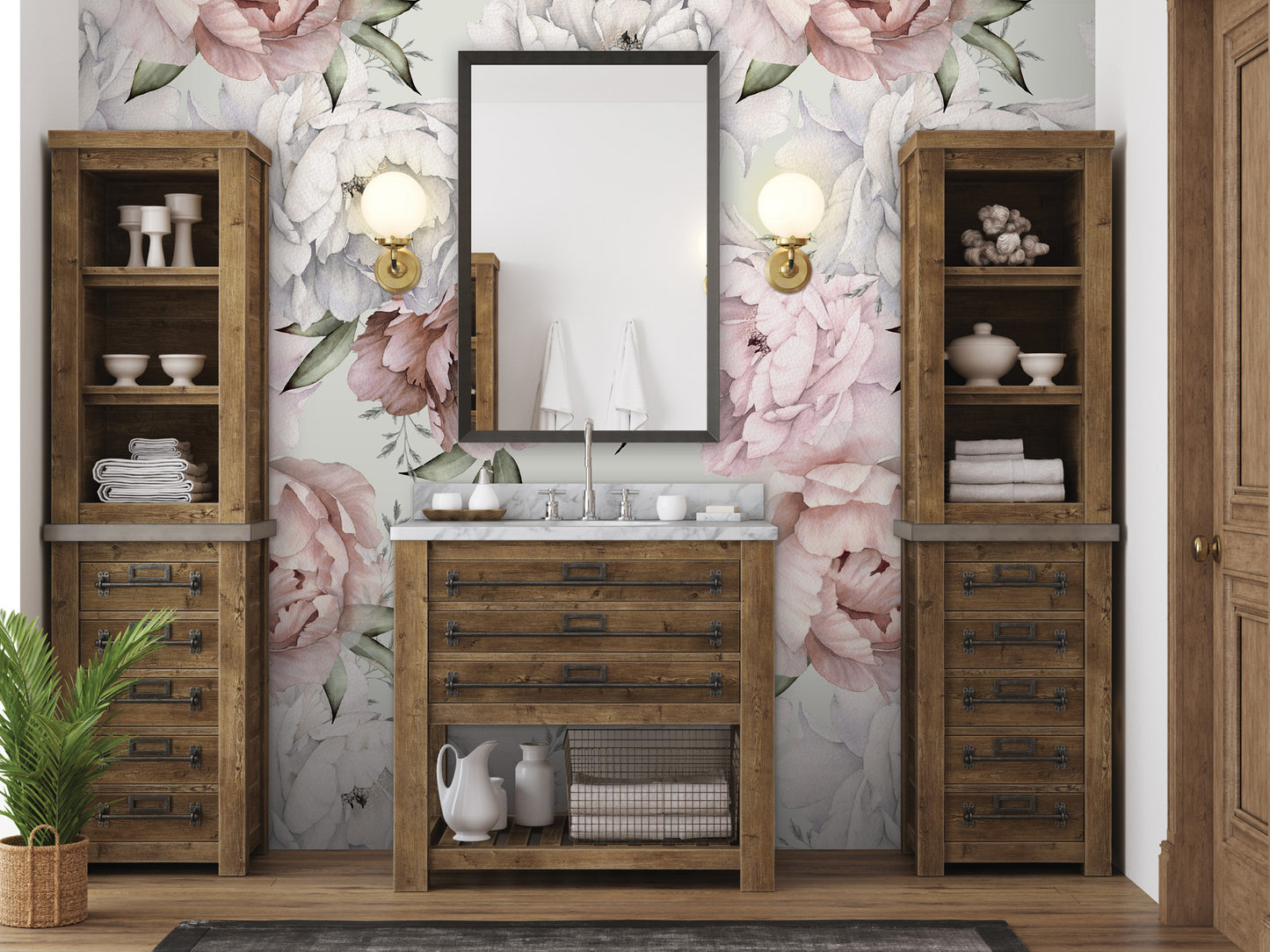 a bathroom with a wooden vanity and a large floral mural on the wall behind it. The vanity has a sink and two shelves, and there are two light fixtures above the vanity. The wall behind the vanity is decorated with a large floral wallpaper.