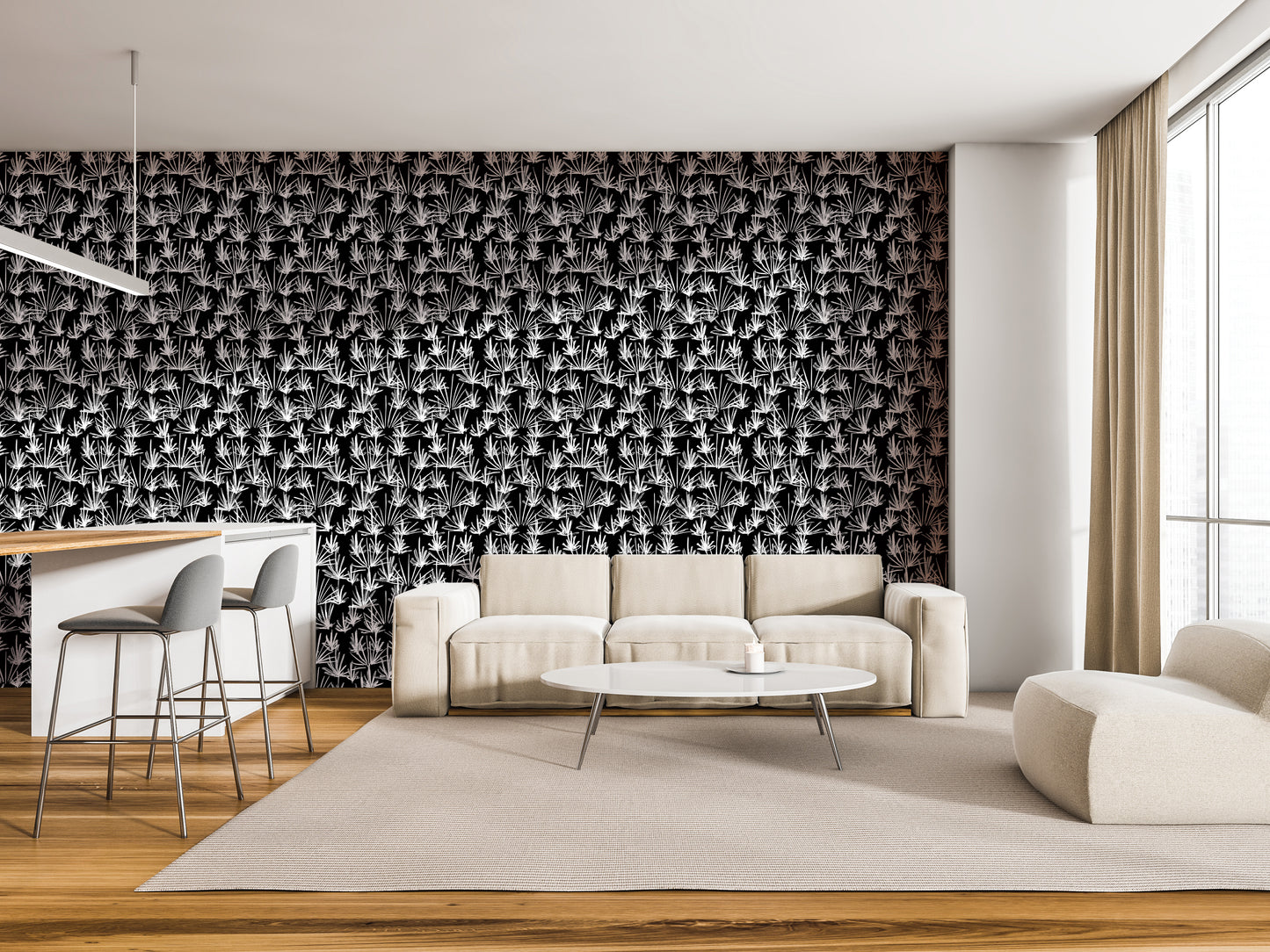 a modern living room with a black and white patterned wallpaper, a white sofa, a white coffee table, and a white chair.