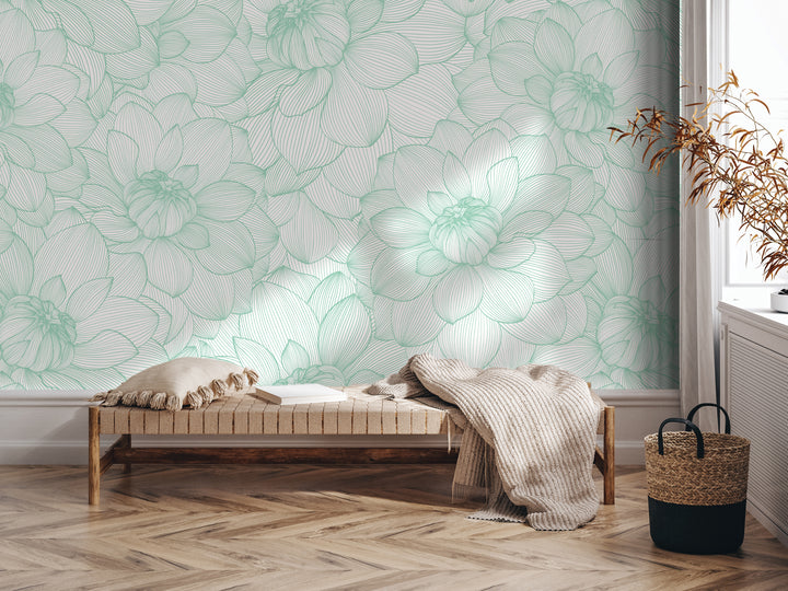 a cozy living space with a wooden bench, a woven basket, and a potted plant. The bench is positioned against a wall with a floral pattern, creating a harmonious and inviting atmosphere.
