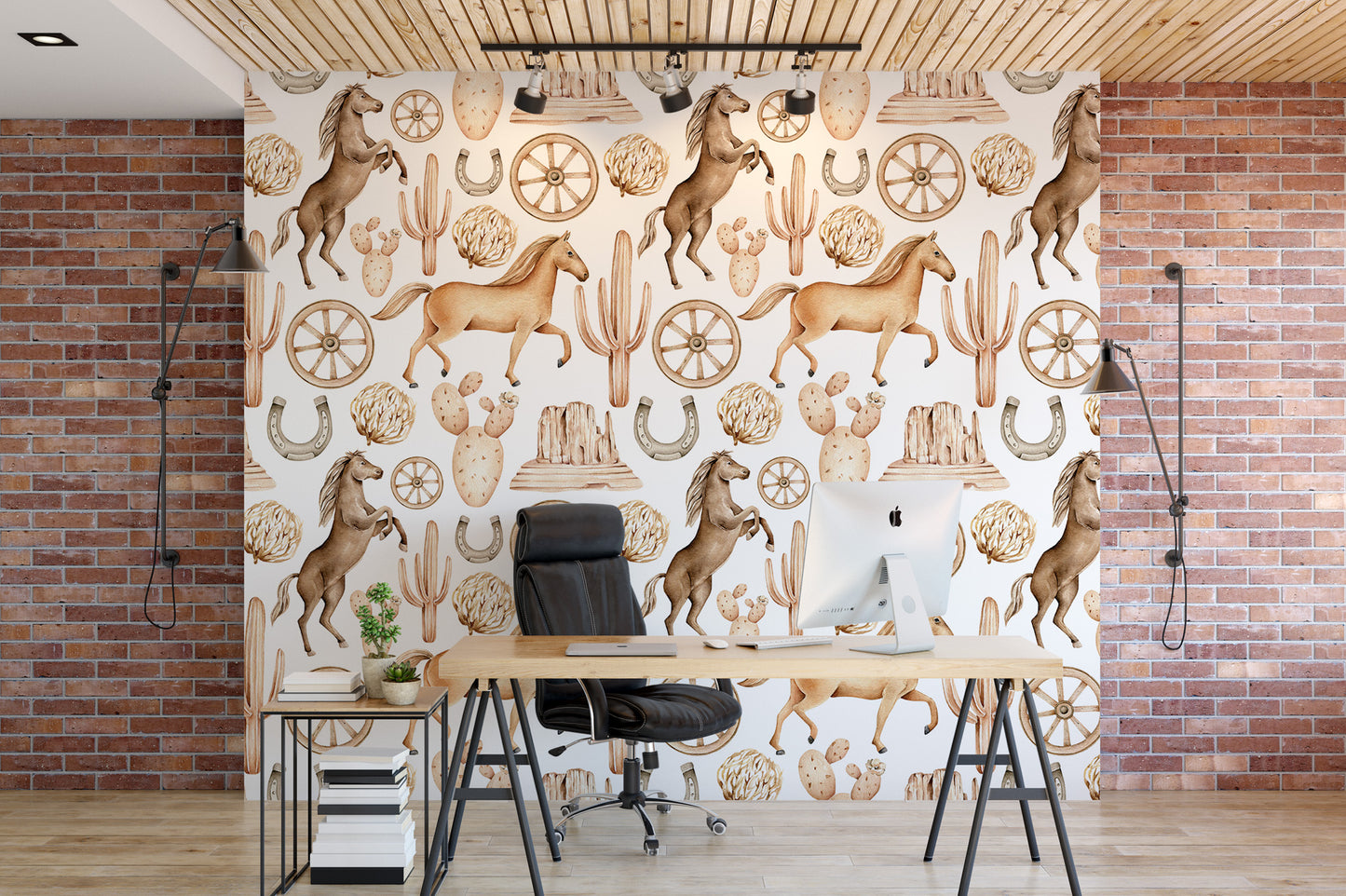 a modern office space with a large wall mural depicting various desert-themed illustrations, including horses, cacti, and other desert elements. The mural is the focal point of the room, with a desk and chair positioned in front of it. The overall design and decor create a cohesive and visually appealing workspace.