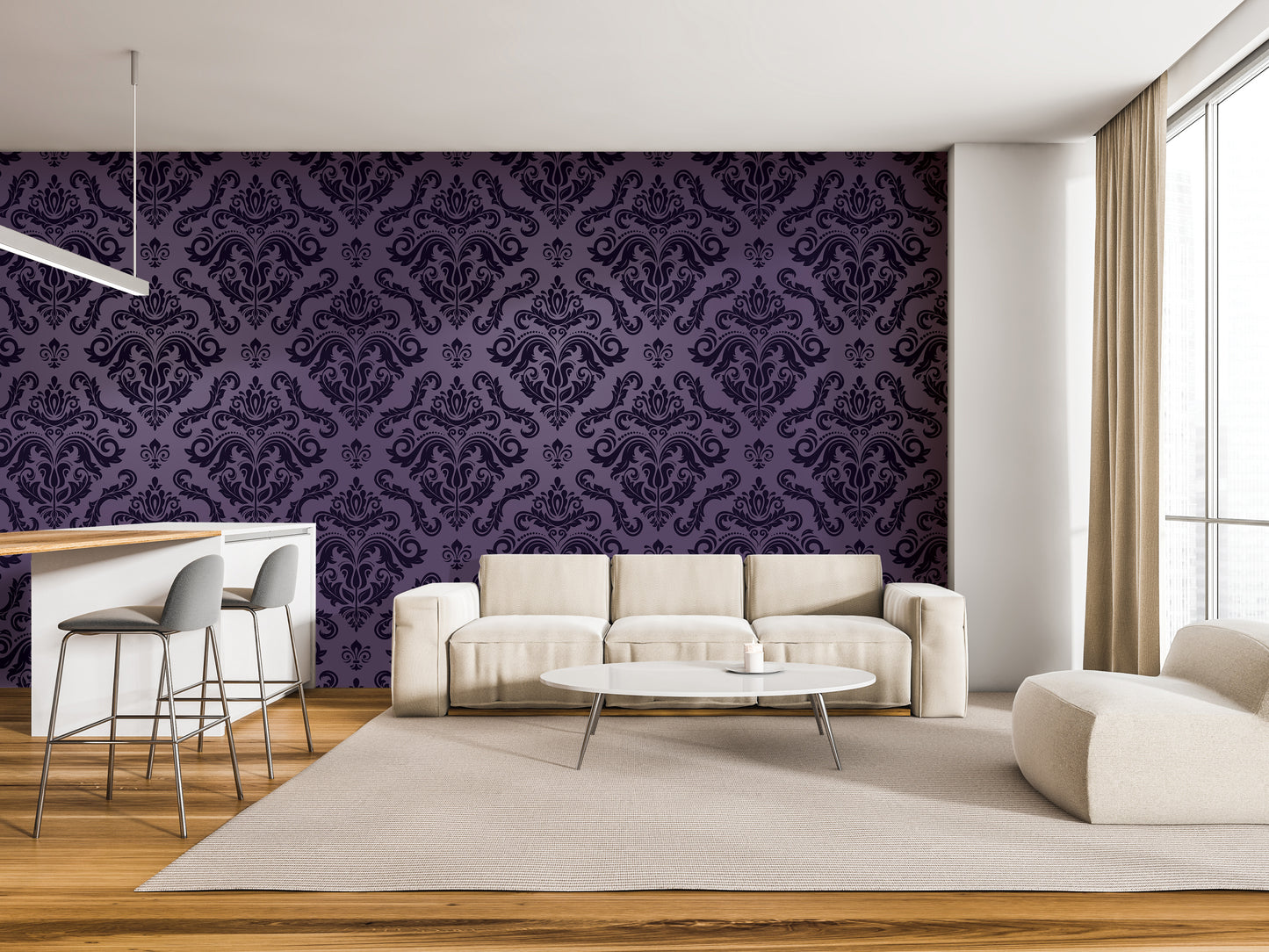 a modern living room with a large, patterned purple wall behind a white sofa and a white chair. The room also includes a dining area with a bar and stools.
