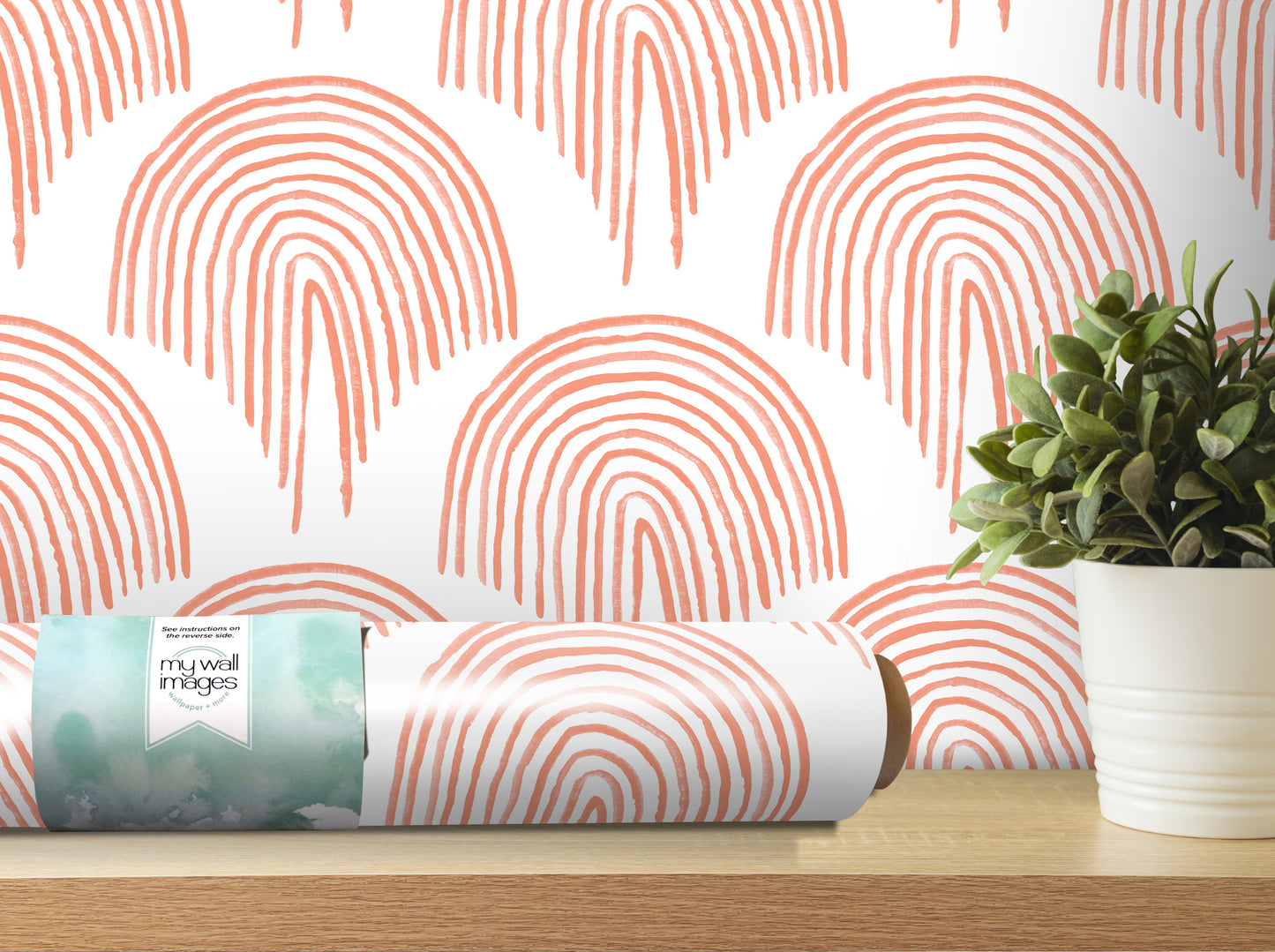 a wall with a repeating pattern of orange and white arches, and there is a potted plant placed on a wooden shelf next to the wall.