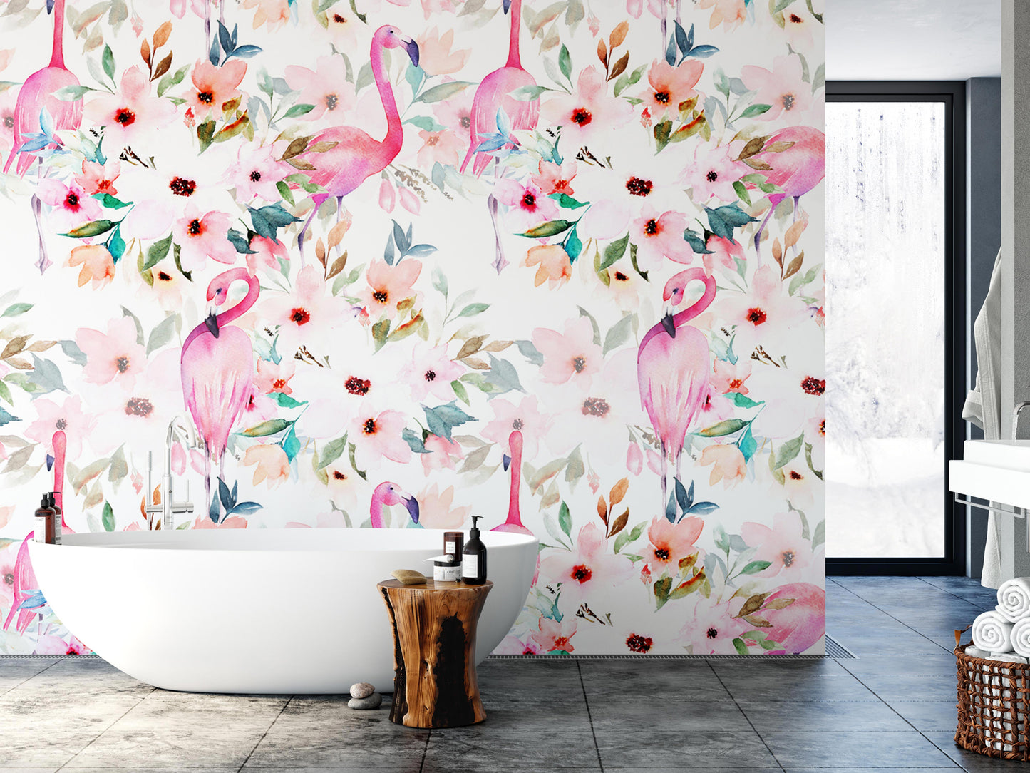 a bathroom with a large floral wallpaper pattern in pink and white colors. The wallpaper covers the entire wall, creating a vibrant and lively atmosphere. In the foreground, there is a white bathtub, and a wooden stool is placed nearby. The bathroom also includes a sink and a window, providing a well-equipped and comfortable space for relaxation and self-care.