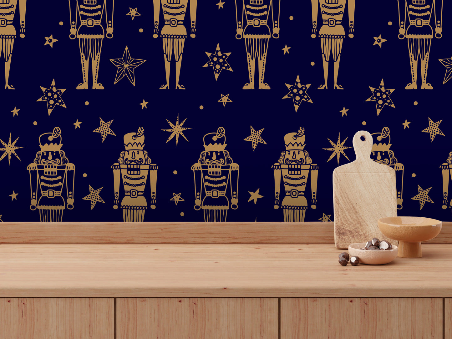 a wooden table with a bowl of nuts and a cutting board, set against a dark blue background with a repeating pattern of nutcracker figures and stars.