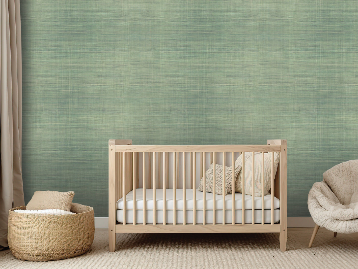 a serene nursery room with a wooden crib, a woven basket, and a plush chair, all set against a textured green wall.