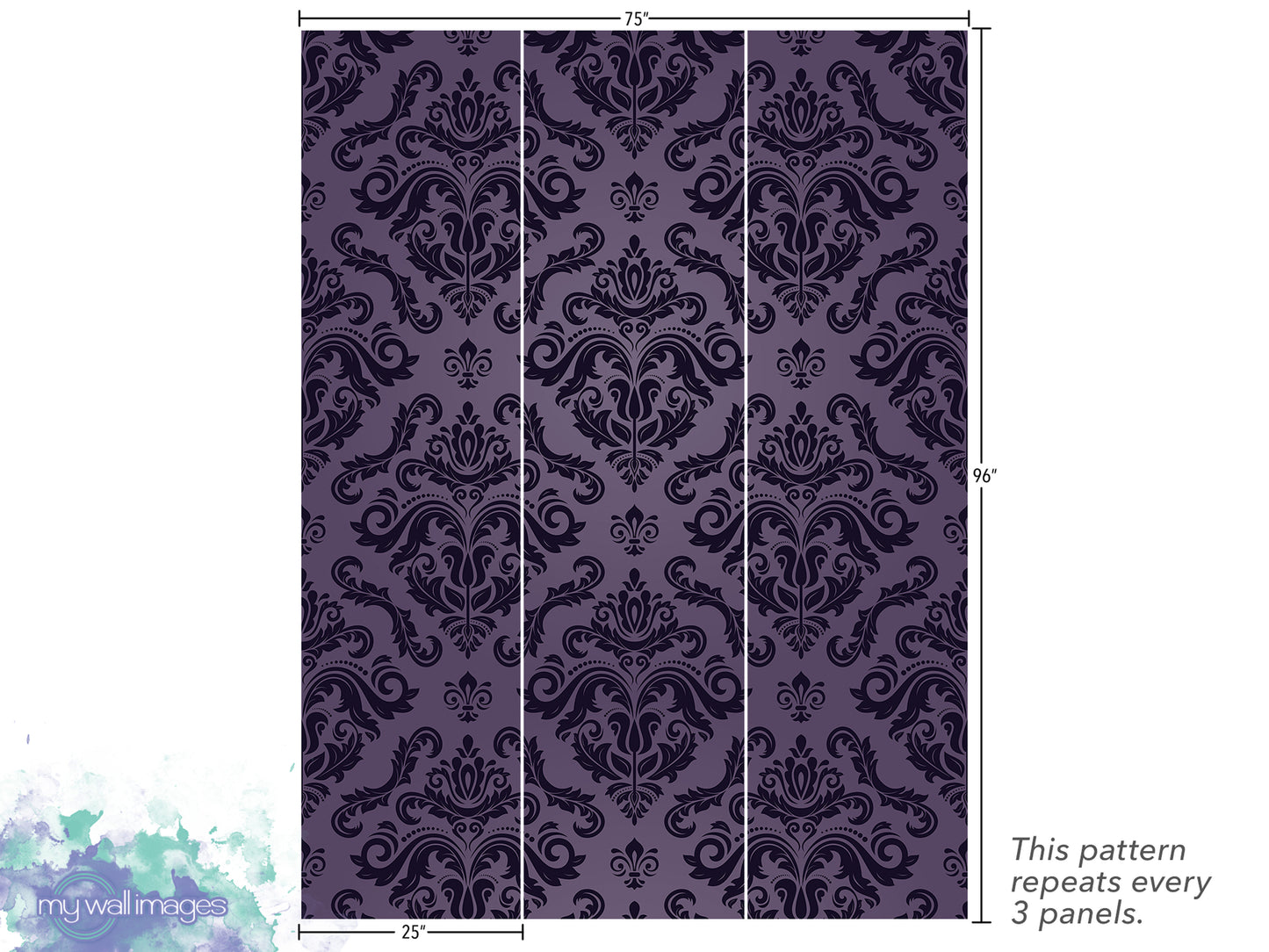 The image is a collage of three panels, each featuring a repeating pattern of a purple and black damask design. The pattern repeats every 3 panels. The dimensions of the pattern are 25 inches by 25 inches.
