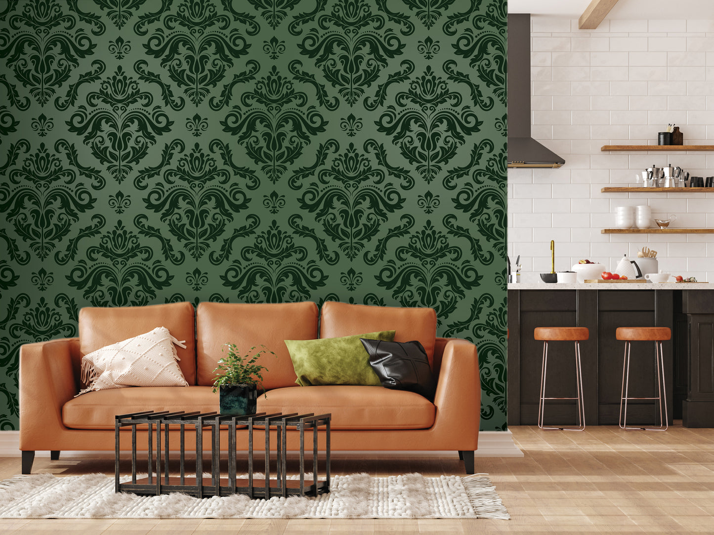a living room with a brown leather sofa, a black coffee table, and a green plant on the table. The room has a kitchen area with a countertop, stools, and a sink. The walls are covered in a green and black damask pattern wallpaper.