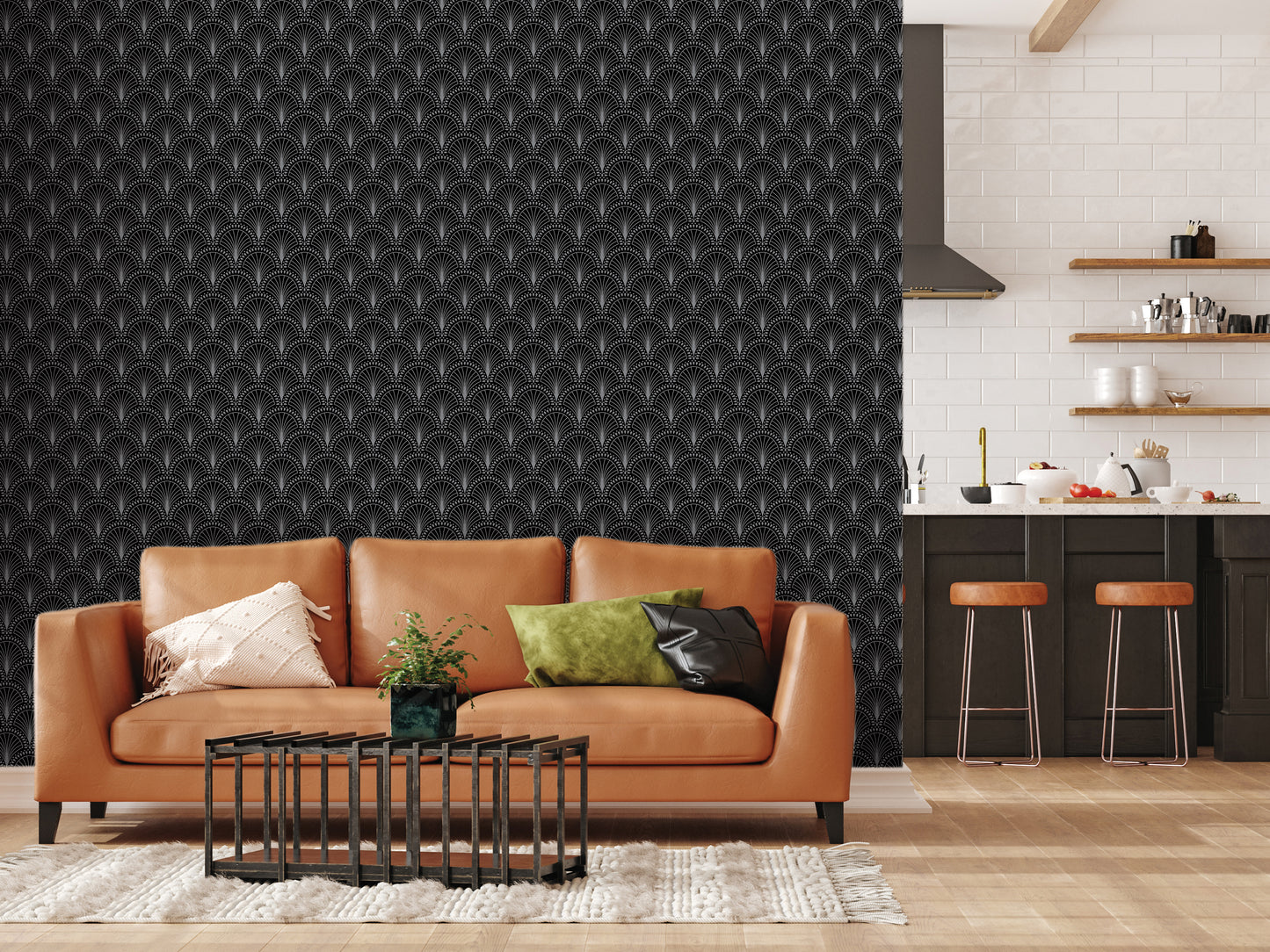 a modern living room with a large black and white geometric pattern wallpaper on the wall behind a brown leather sofa. The sofa is adorned with two throw pillows, one green and one black. In front of the sofa, there is a black coffee table with a plant on top. The room also includes a kitchen area with a countertop and bar stools.