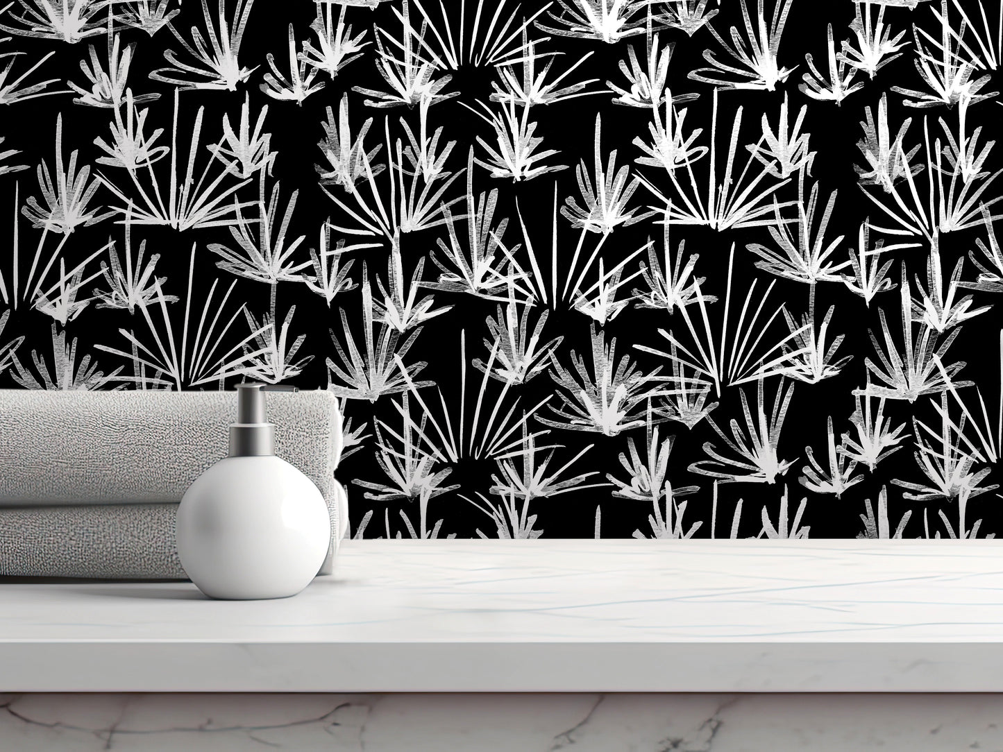 a white bottle on a white countertop, with a black and white patterned wallpaper in the background.