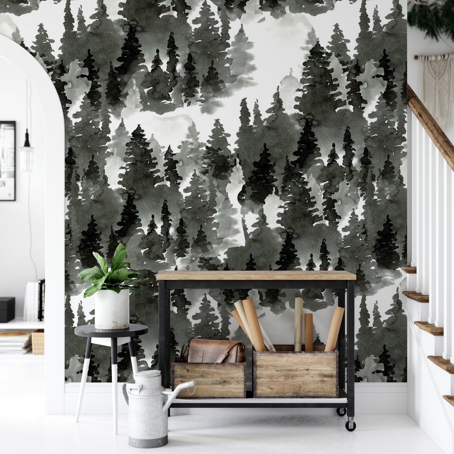 Black and White Forest Mural | Watercolor Trees Peel and Stick Wallpaper (MW1796)