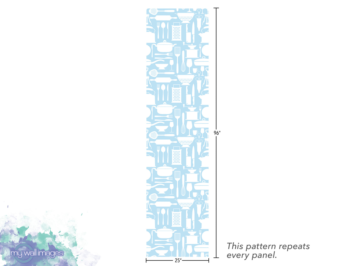 The image is a repeating pattern of kitchen utensils, such as spoons, knives, and bowls, in a blue and white color scheme. The pattern repeats every panel, and the image is 25 inches tall.