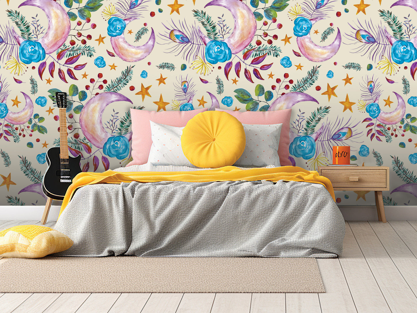 a bedroom with a bed, yellow pillows, and a guitar on a stand. The wall behind the bed has a colorful floral and star pattern wallpaper.