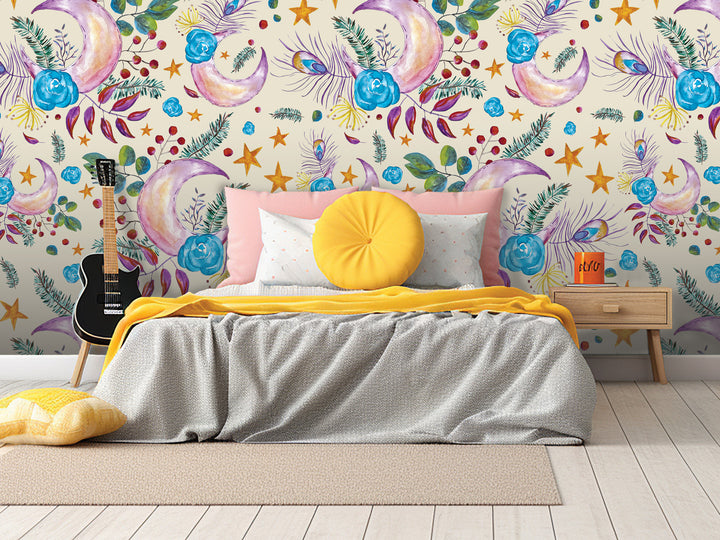 a bedroom with a bed, yellow pillows, and a guitar on a stand. The wall behind the bed has a colorful floral and star pattern wallpaper.