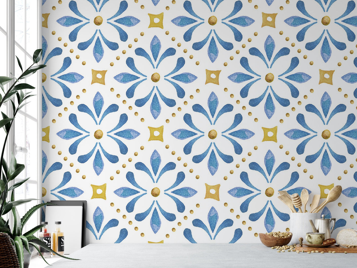Folk Art Blue Tile Wallpaper | Blue and Gold Floral Peel and Stick (MW1600)