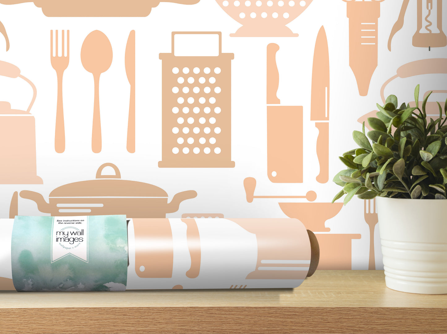 a kitchen-themed wallpaper with various kitchen utensils and appliances, such as a grater, knife, and spoon, as well as a potted plant.