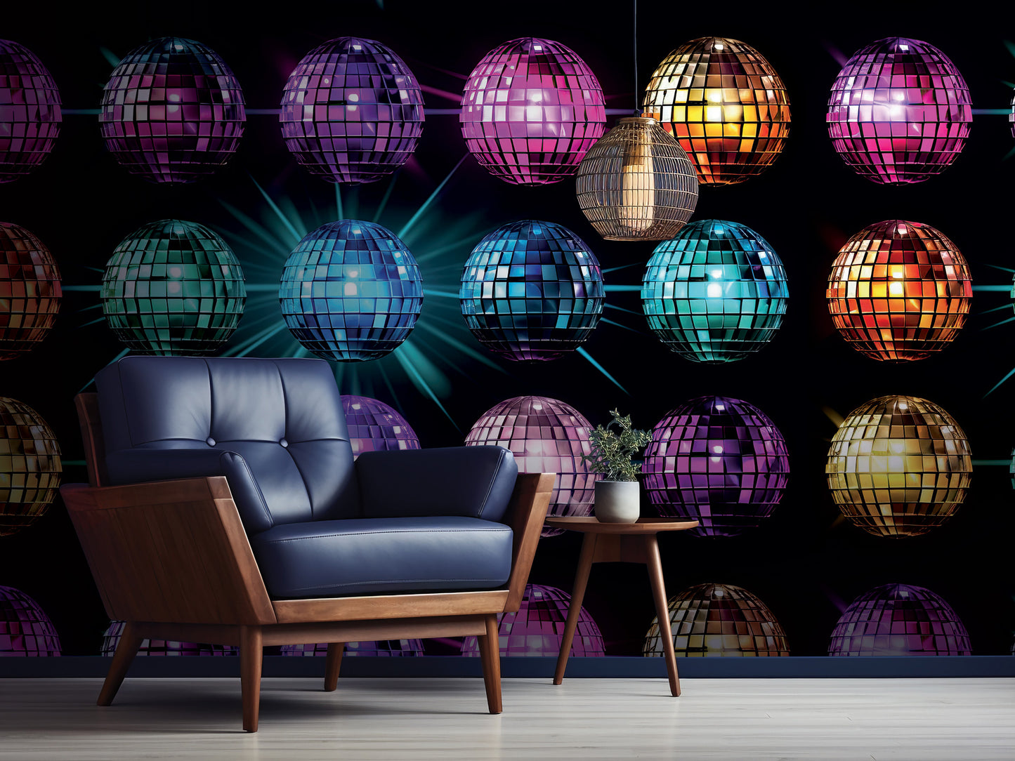 a modern living room with a blue leather armchair and a wooden side table. The wall behind the furniture is decorated with a vibrant display of disco balls in various colors and sizes, creating a lively and energetic atmosphere.