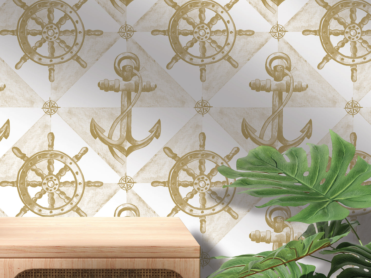 a wallpapered wall with a repeating pattern of gold-colored ship's wheels and anchors, creating a nautical theme. In the foreground, there is a wooden table and a plant, adding a touch of nature to the scene.