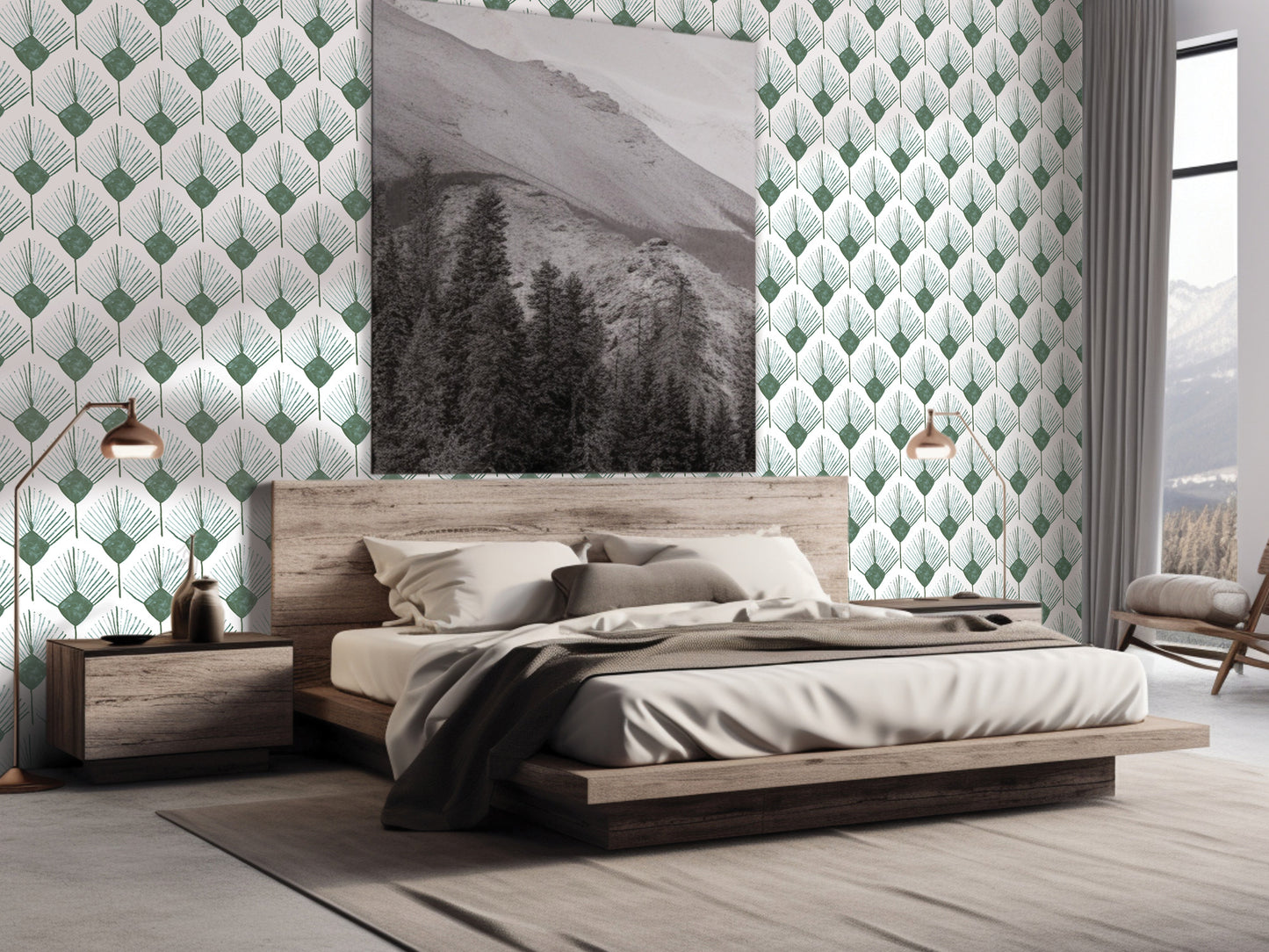 a modern bedroom with a large wooden bed, a wooden nightstand, and a large wall hanging featuring a mountain landscape.