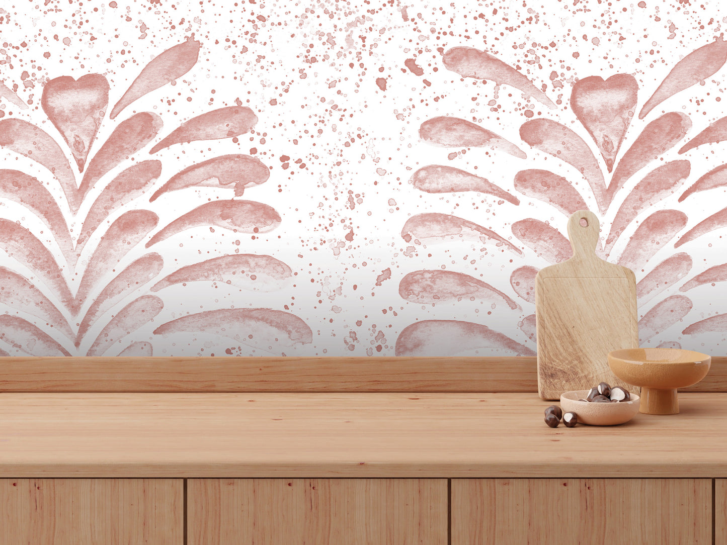 a wooden table with a wooden cutting board and a bowl of fruit on it, set against a wall with a pink and white abstract pattern.