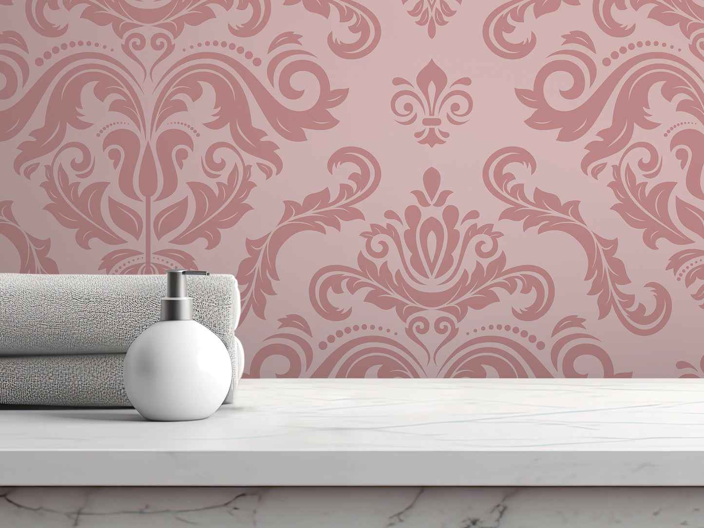 A white soap dispenser sits on a white marble countertop, with rolled towels and a pink damask wallpaper in the background.