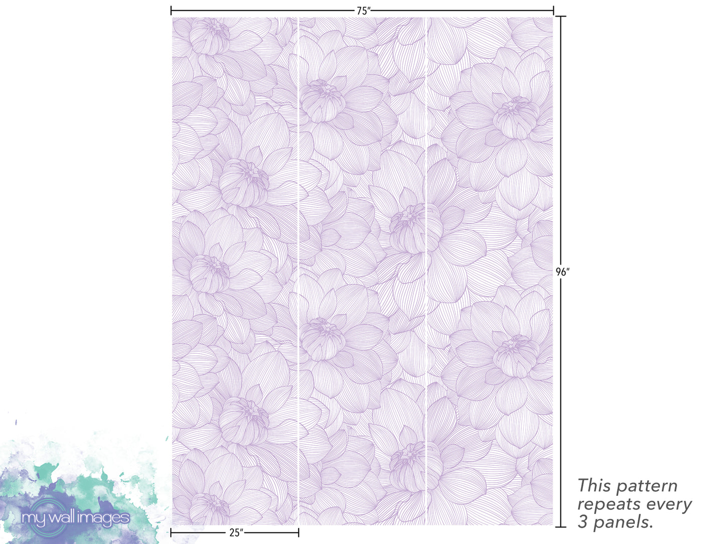a repeating pattern of purple flowers on a white background. The pattern repeats every 3 panels, and the image is described as a collage of multiple images.