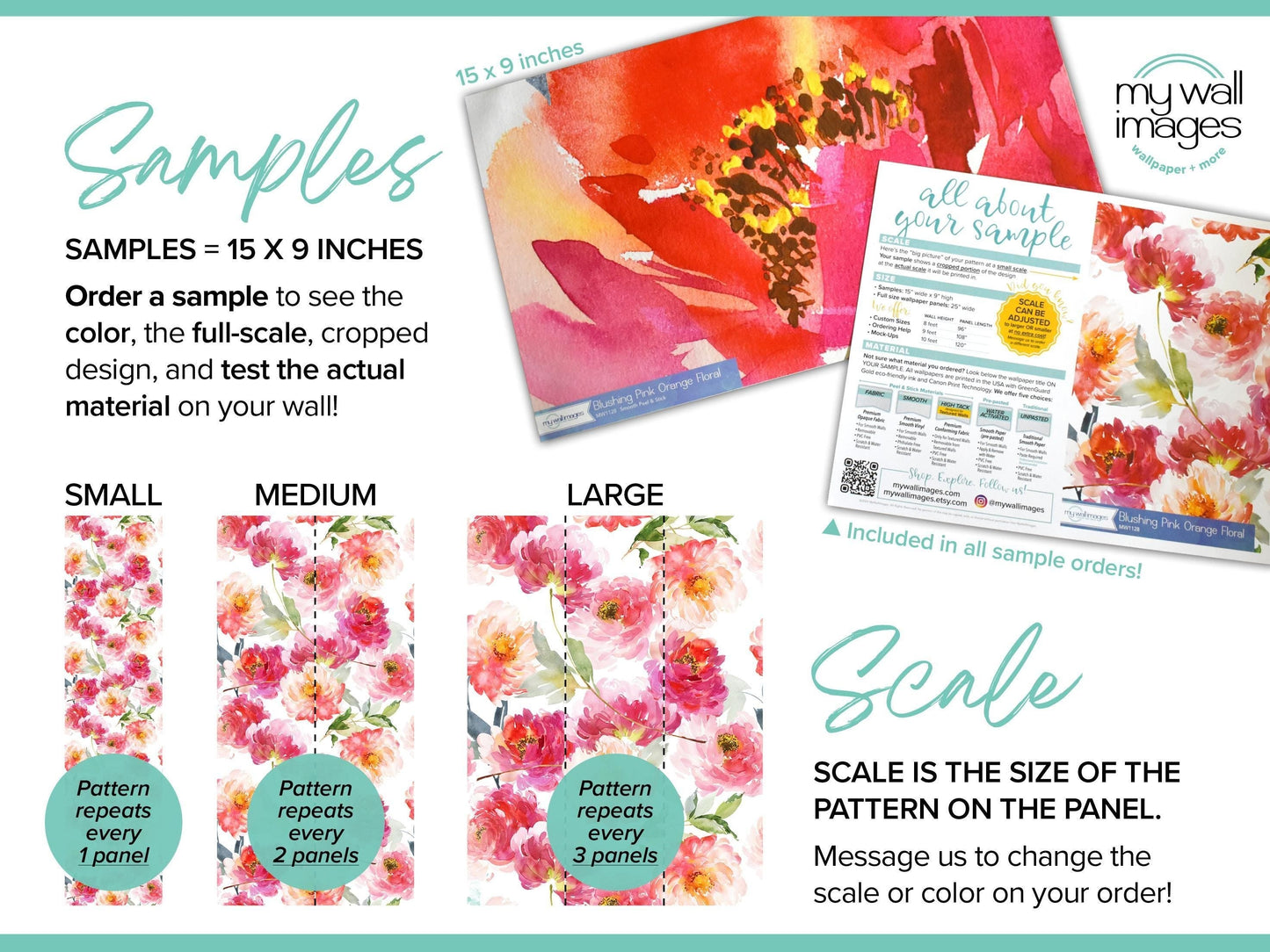 The image is a sample advertisement for a product called "SAMPLES" that allows customers to see the color, full-scale, and cropped design of the material on their wall. It also provides three different sizes of the sample, labeled as "SMALL", "MEDIUM", and "LARGE", and explains that the scale is the size of the pattern on the panel.