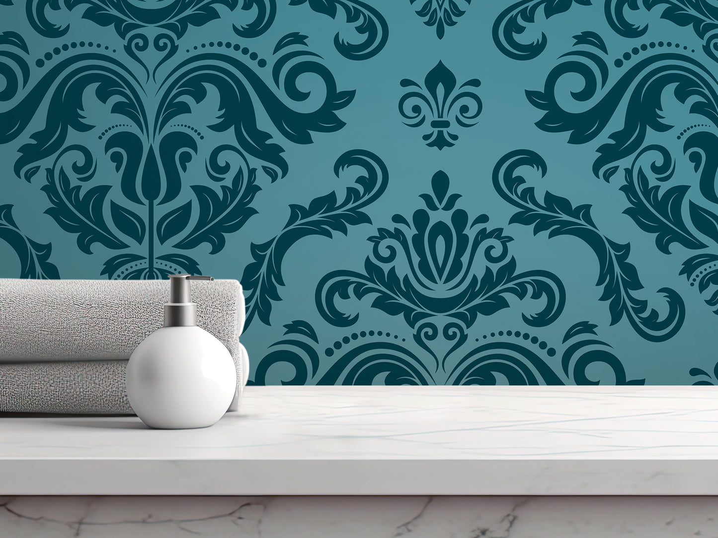 a white marble countertop with a white bottle and a folded towel on it, set against a blue and green damask wallpaper with an ornate floral pattern.