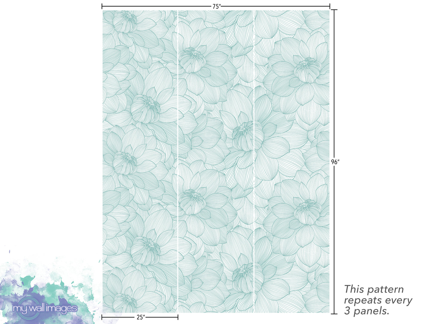 a repeating pattern of light blue flowers on a white background. The pattern repeats every 3 panels, and the image is described as a collage of multiple images.