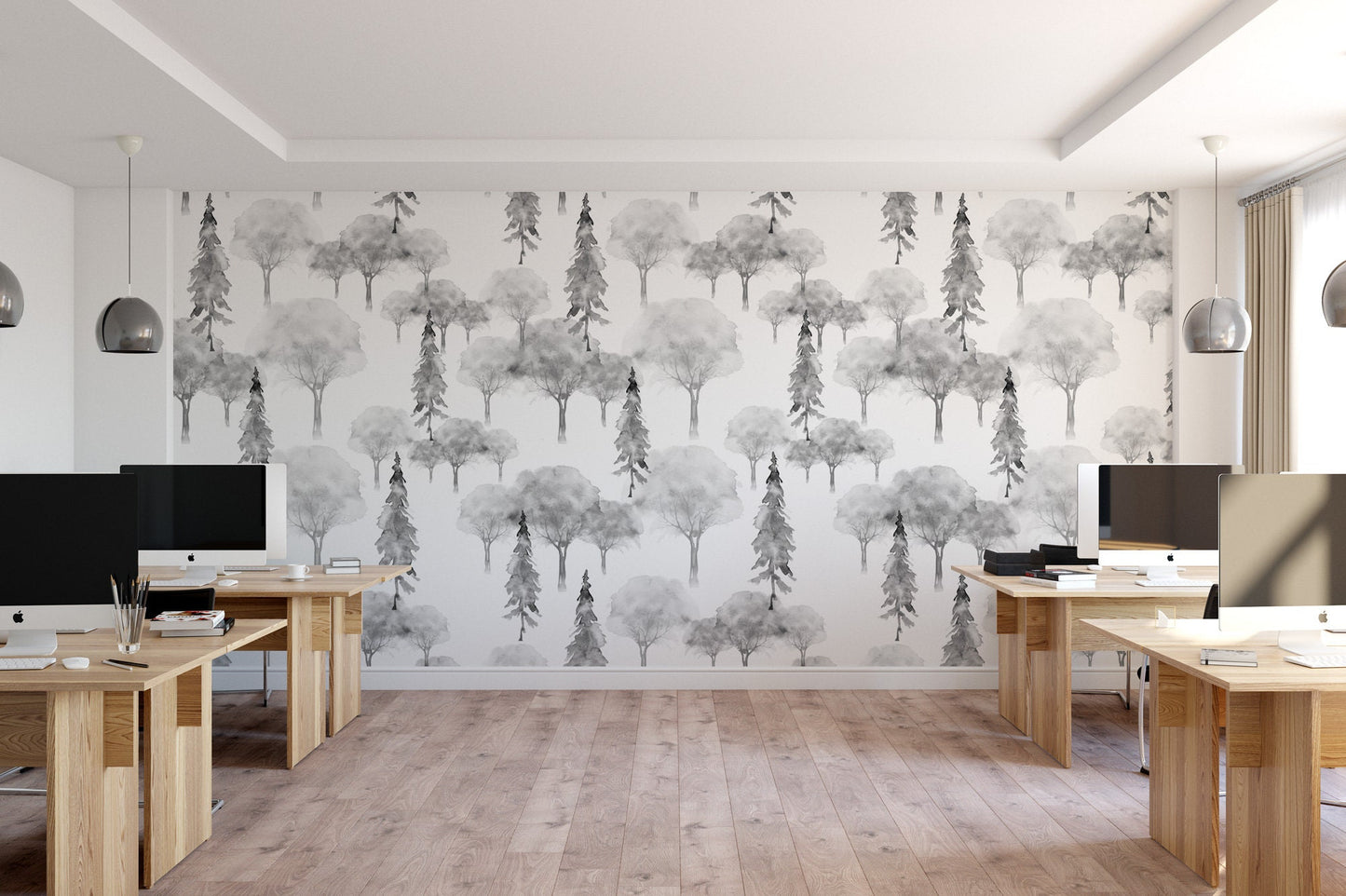 Watercolor Forest Wall Mural | Black White Trees Peel and Stick Wallpaper (MW1795)