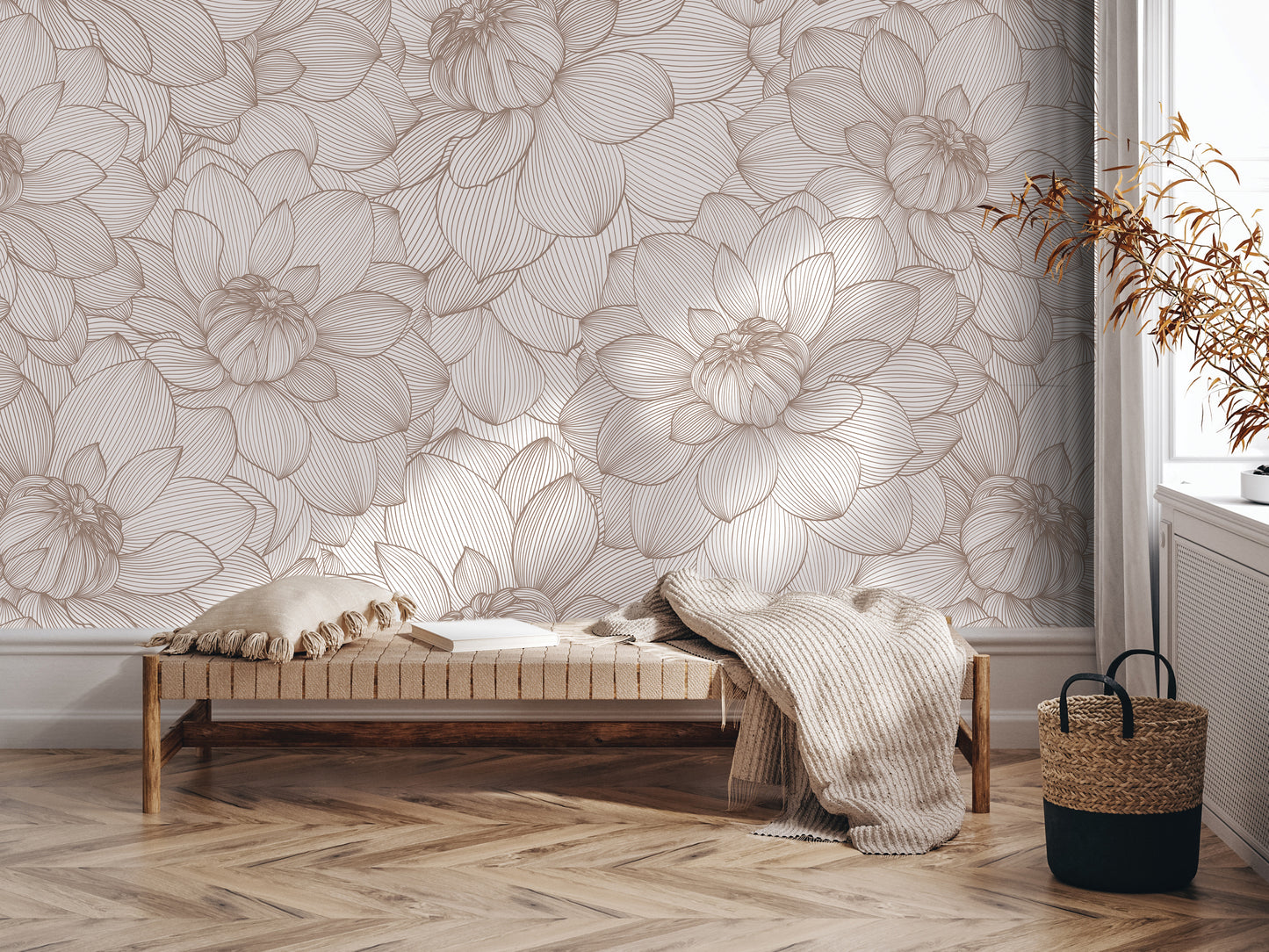 a cozy and inviting living space with a wooden bench, a woven basket, and a decorative wallpapered wall.
