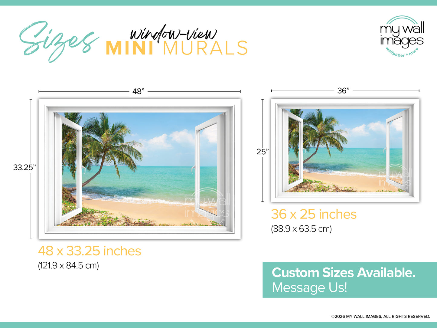 The image is a promotional advertisement for a company that offers mini wall murals. It features two pictures of a beach scene, each with a different size and frame. The company provides custom sizes available, and they encourage viewers to message them for more information.