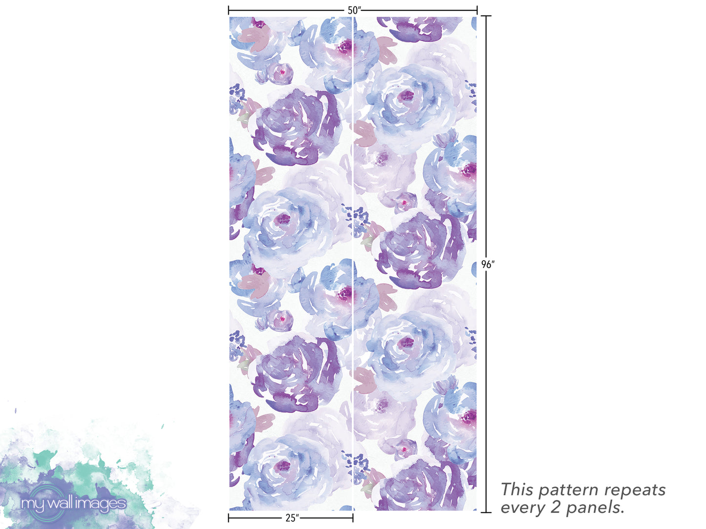 a repeating pattern of purple and blue watercolor flowers on a white background. The pattern repeats every 2 panels.