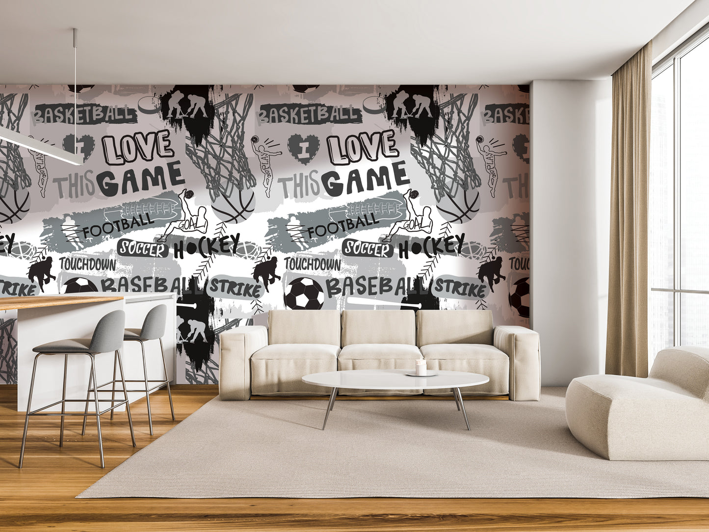 a modern living room with a large wall mural that covers the entire wall. The mural is filled with various sports-related words and phrases, such as "BASKETBALL", "FOOTBALL", "HOCKEY", "TOWDOWN", "RASKETBALL", "STRIKE", "TOMTOWDOW", "BASEBALL", "STRIKE", and "TOMTOWDOW". The room also includes a white sofa, a coffee table, and a barstool, creating a comfortable and stylish living space.