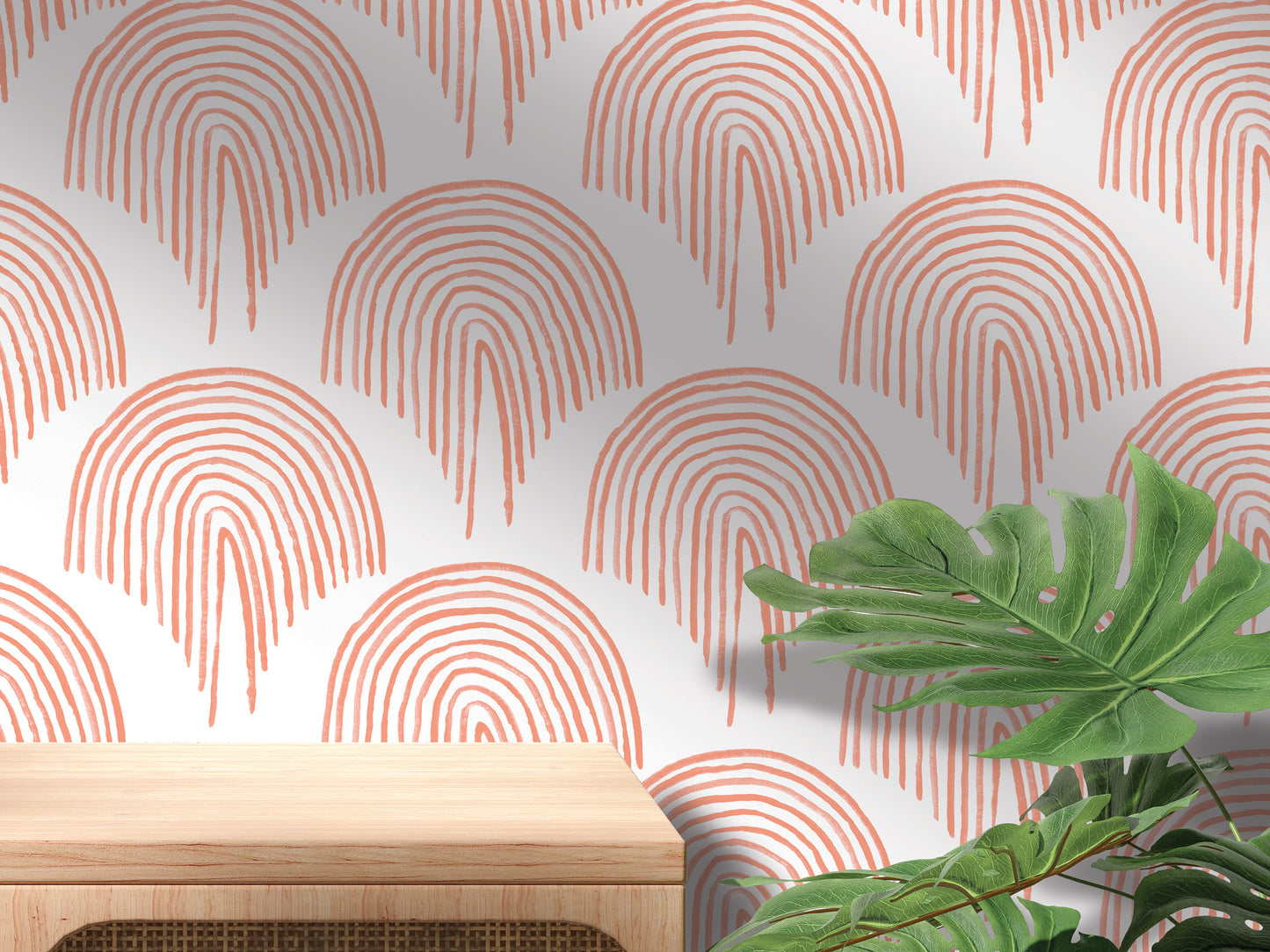 a wooden table with a plant on top of it, set against a wall with a repeating pattern of orange and white arches.